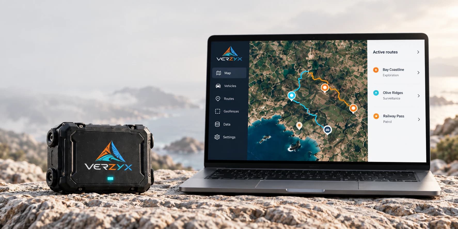 Concepto de dispositivo VERZYX junto a un portátil con mapa, recorridos y panel de seguimiento